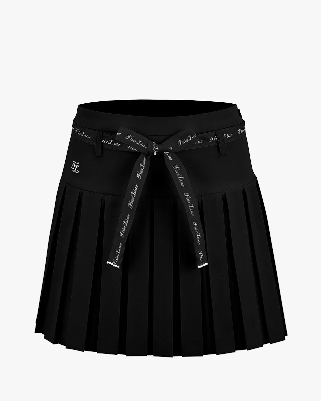 Ribbon Belt High Waist Double Pleated Skirt - Black velvet skirt plush