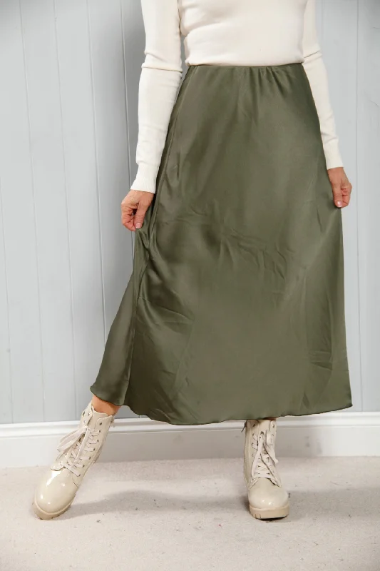 Satin Elegance Skirt Khaki ribbed skirt waist