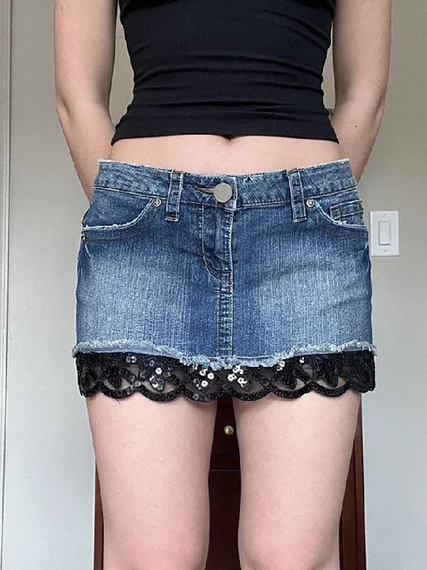 Sequin Patchwork Denim Mini Skirt high slit skirt