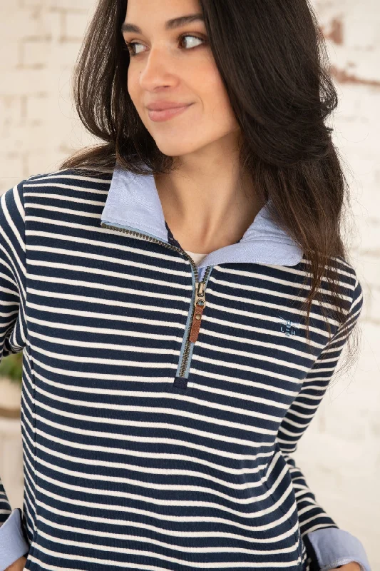Shore Sweatshirt - Midnight Stripe Hoodie with Longline Fit Extended Stylish