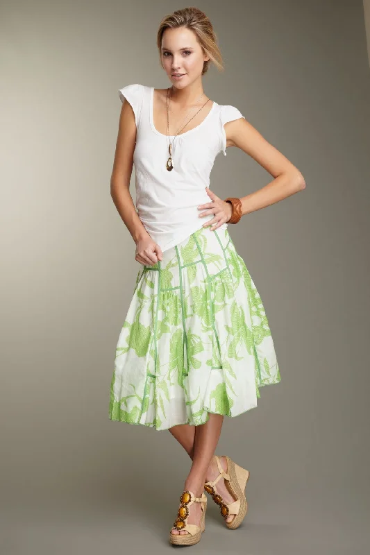 Silk Voile Ruffled Insert Skirt - Green Print belted skirt waist