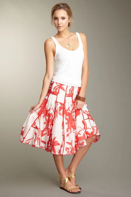 Silk Voile Ruffled Insert Skirt - Red Print cashmere skirt soft