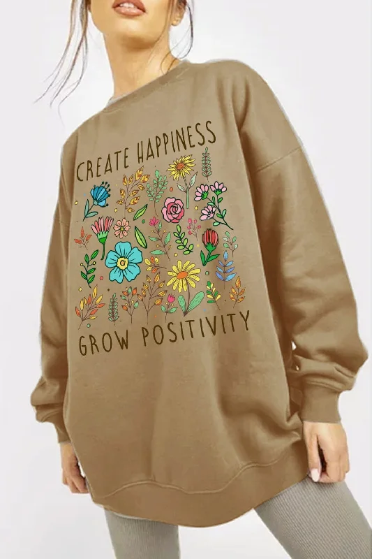 CREATE HAPPINESS  GROW POSITIVITY Graphic Sweatshirt Hoodie with Cuffed Sleeves Snug Secure