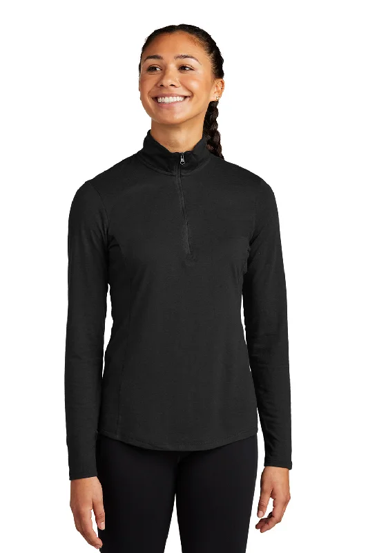 Sport-Tek Womens Moisture Wicking 1/4 Zip Sweatshirt - Black Hoodie with Thumb Holes Functional Cozy Sport-Tek Womens Moisture Wicking 1/4 Zip Sweatshirt - Black Hoodie with Thumb Holes Functional Cozy