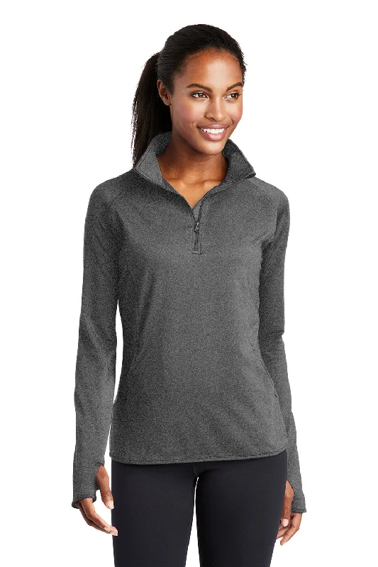 Sport-Tek Womens Sport-Wick Moisture Wicking 1/4 Zip Sweatshirt w/ Pouch Pocket - Heather Charcoal Grey Hoodie with Crew Neck Simple Timeless