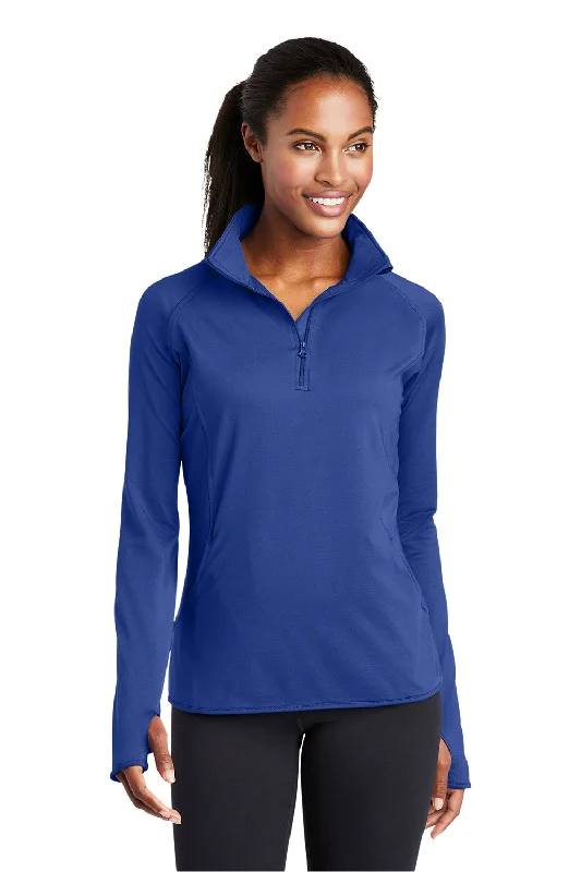 Sport-Tek Womens Sport-Wick Moisture Wicking 1/4 Zip Sweatshirt w/ Pouch Pocket - True Royal Blue Hoodie with Longline Fit Extended Stylish Sport-Tek Womens Sport-Wick Moisture Wicking 1/4 Zip Sweatshirt w/ Pouch Pocket - True Royal Blue Hoodie with Longline Fit Extended Stylish
