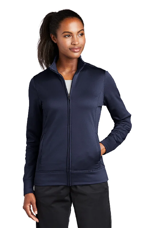 Sport-Tek Womens Sport-Wick Moisture Wicking Fleece Full Zip Sweatshirt w/ Pockets - Navy Blue Hoodie with Hem Contrast Bold Stylish