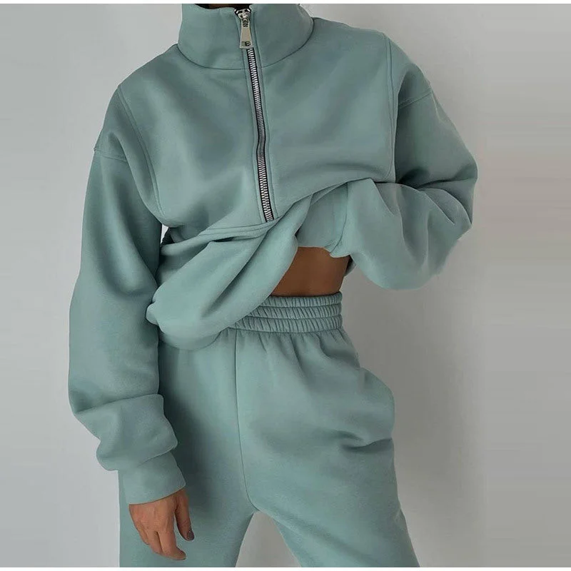 Stand Collar Suit Zip Up Crop Sportswear Long Sleeve Sweatshirt And Trousers For Spring Fall Women's Clothing Hoodie with Elastic Waist Stretchable Comfortable