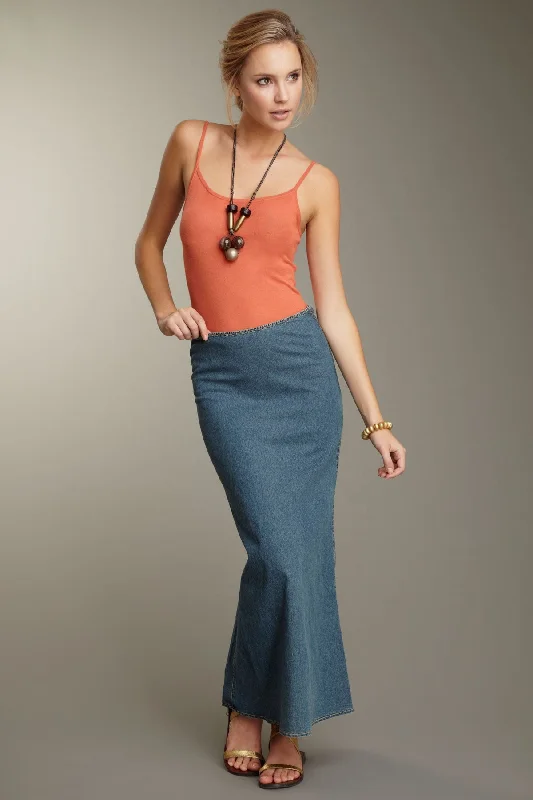 Stretch Denim Back Rouched Skirt - Blue Denim linen skirt breathable