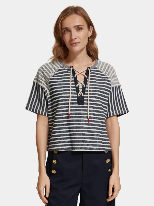 Striped boxy sweatshirt with lace-up detail Hoodie Sweatshirt Pullover
