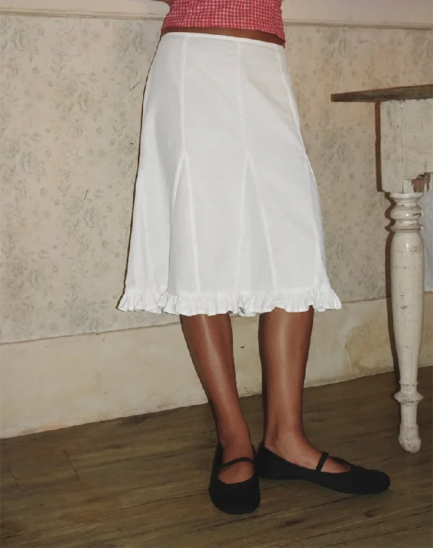Tausi Pleated Midi Skirt in Off White Linen low waist skirt