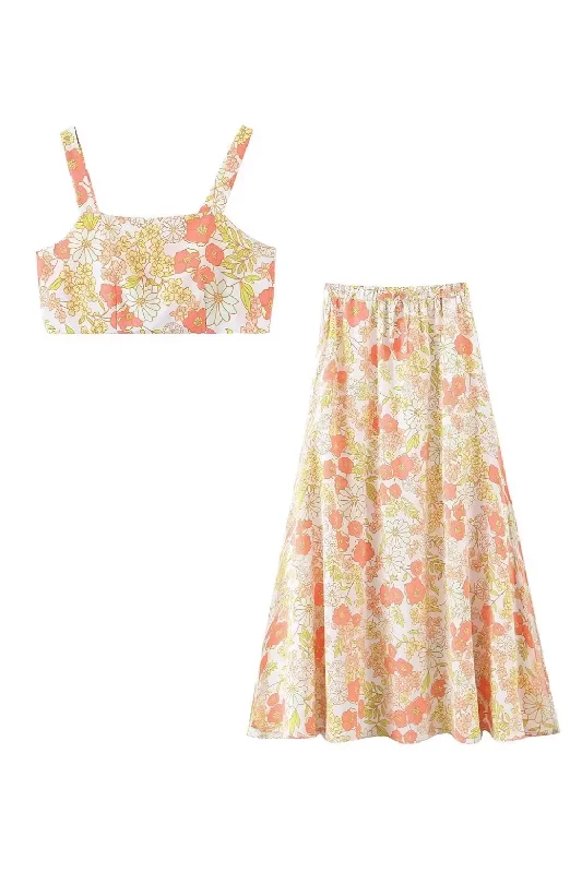 'Tessa' Floral Printed Sleeveless Top & Skirt Set wool skirt thick