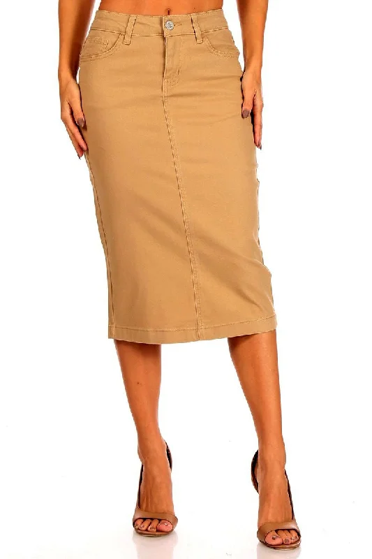 Twill Calf Length Denim Skirt - Khaki leather skirt modern