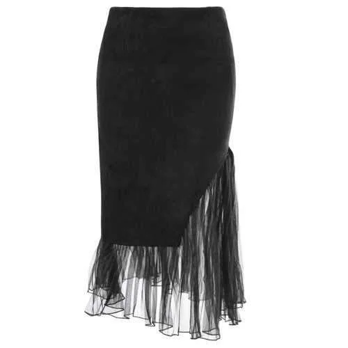Tulle Insert Faux Suede Skirt - Black M silk skirt smooth