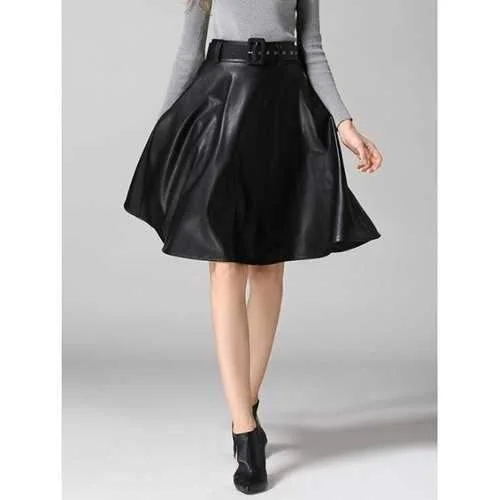 PU Leather Belted A-Line Skirt - Black S lace skirt intricate