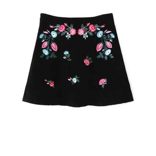 Floral Ethnic Style A-Line Skirt - Black M linen skirt breathable