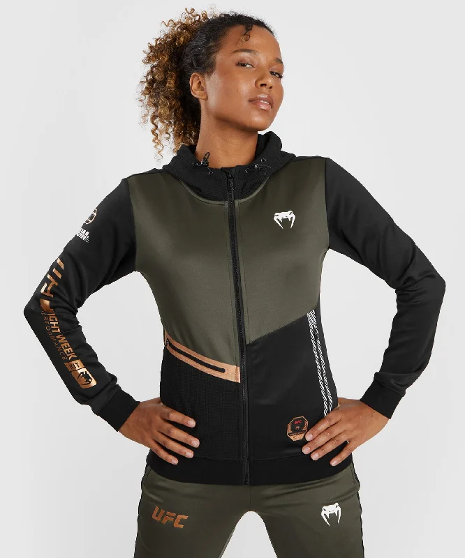 UFC Adrenaline by Venum Fight Week  Women’s Zip Hoodie - Khaki/Bronze Hoodie with Hem Applique Textured Unique