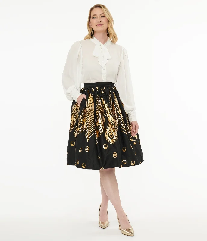 Unique Vintage 1950s Black & Gold Foil Feather Gellar Swing Skirt lace skirt romantic