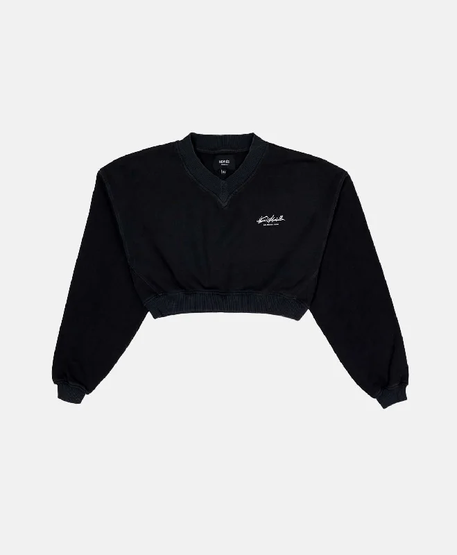 V-NECK CROPPED SWEATSHIRT BLACK Hoodie with Pocket Utility Practical