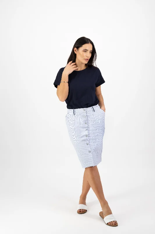 Vassalli Skirt with contrast buttons and trim - Blue Stripe denim skirt fashionable