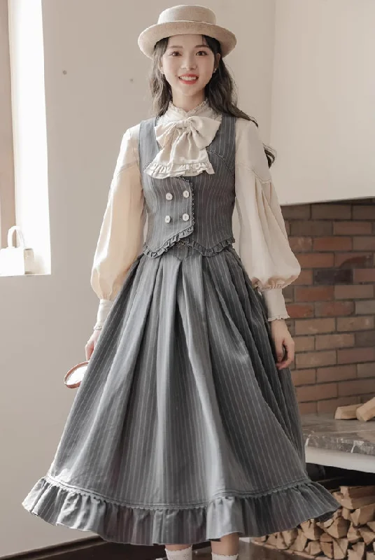 Victoria Stripe Midi Skirt (Gray) lace skirt feminine