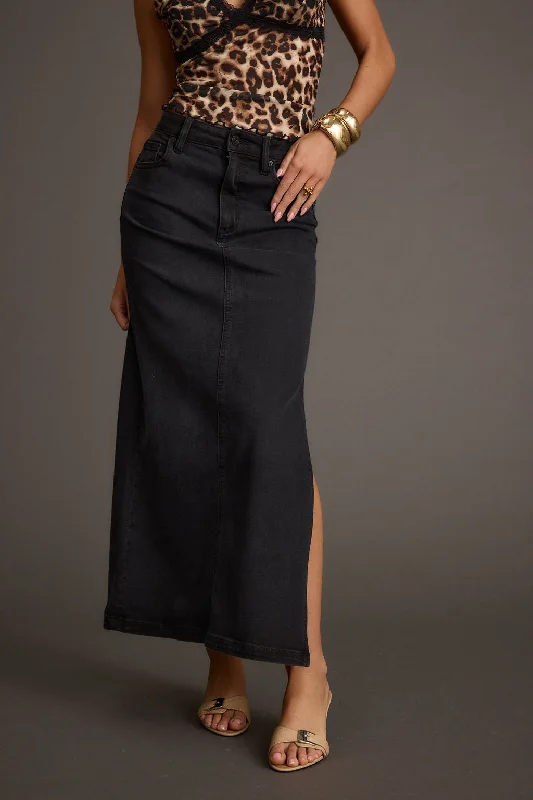 Wilder Black Stretch Denim Maxi Skirt velvet skirt luxurious