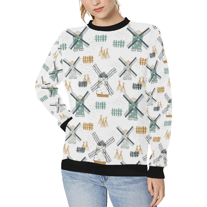 windmill pattern Women's Crew Neck Sweatshirt Hoodie with Stripes Bold Sporty