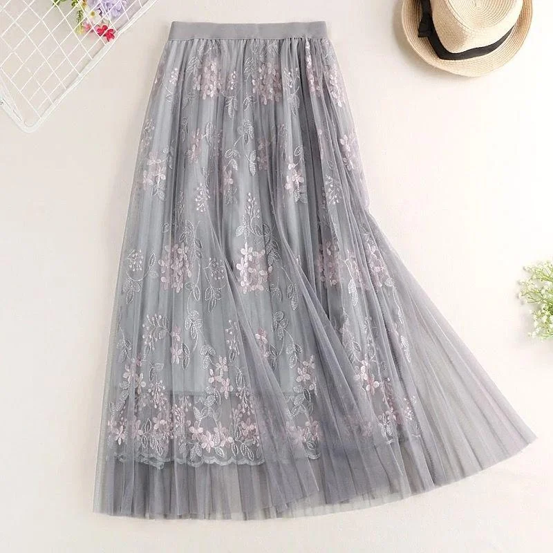Woman Spring Summer Embroidered High Waist A-line Mesh Casual Skirt Vintage Sweet Fairy Party Skirt ruffled skirt detail