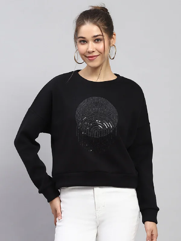 Women Black Embroidered Round Neck Full Sleeve Sweatshirt Oversized Hoodie Comfort Casual