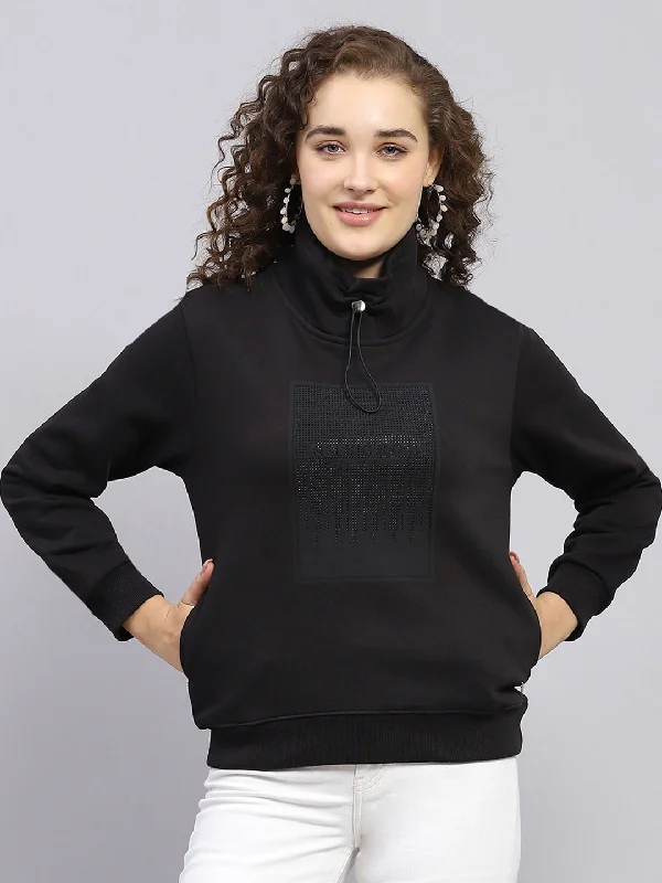 Women Black Printed High Neck Full Sleeve Sweatshirt Hoodie with Pastel Soft Subtle