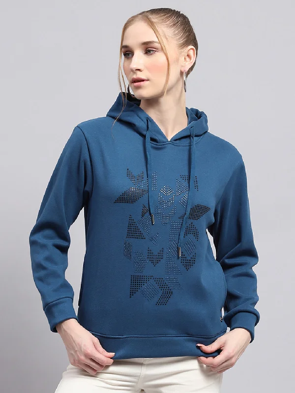 Women Blue Printed Hooded Full Sleeve Sweatshirt Hoodie with Magnetic Closure Innovative Modern
