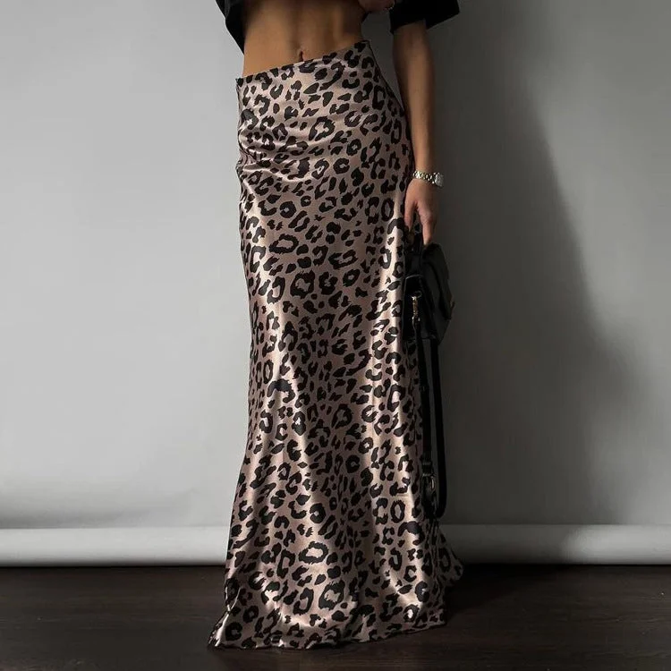 Satin Draping Leopard Print Fishtail Maxi Skirt lace skirt elegant