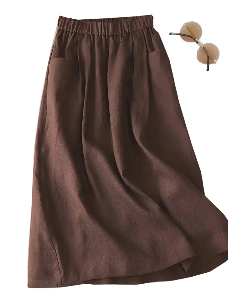 Women Cotton Skirt Holiday Elastic Waist Midi Skirt 2024 Summer Side Pockets Falda Saias Casual Korean Solid A Line Jupe chiffon skirt airy