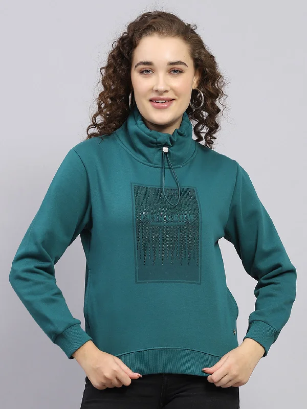 Women Green Printed High Neck Full Sleeve Sweatshirt Hoodie with Raglan Sleeves Sporty Comfortable