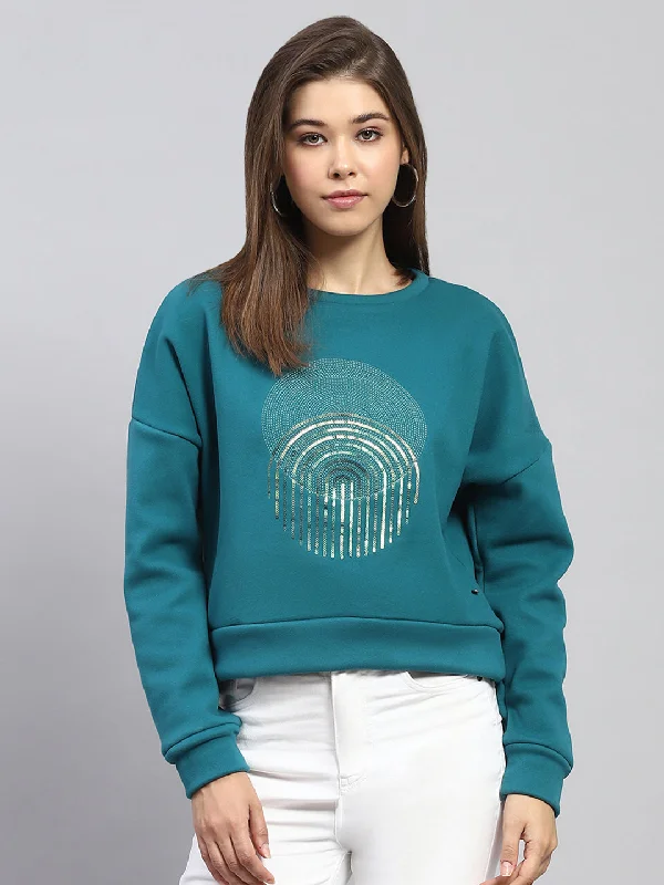 Women Green Printed Round Neck Full Sleeve Sweatshirt Hoodie with Neon Bright Vibrant