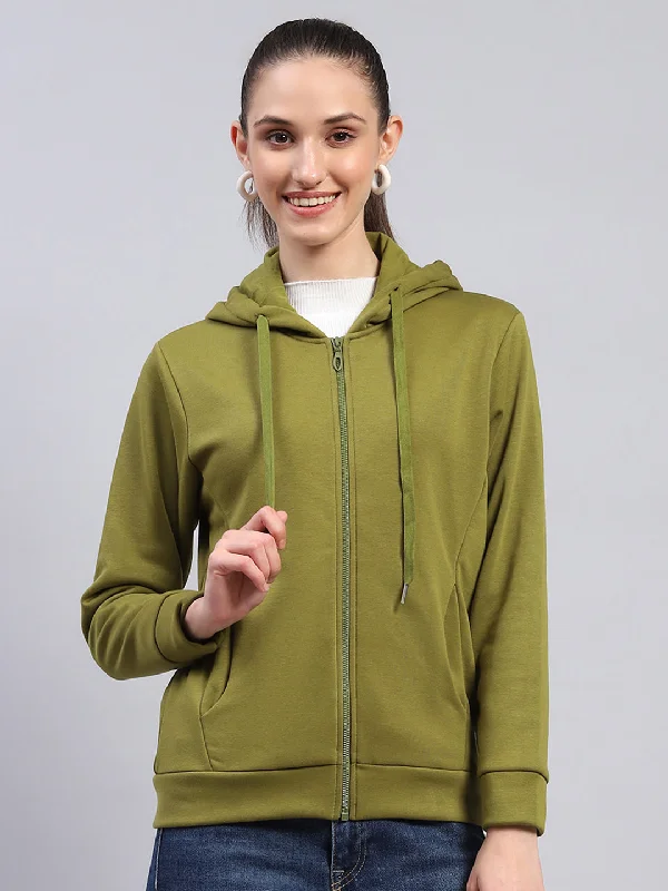 Women Green Solid Hooded Full Sleeve Sweatshirt Hoodie with Mesh Breathable Sporty