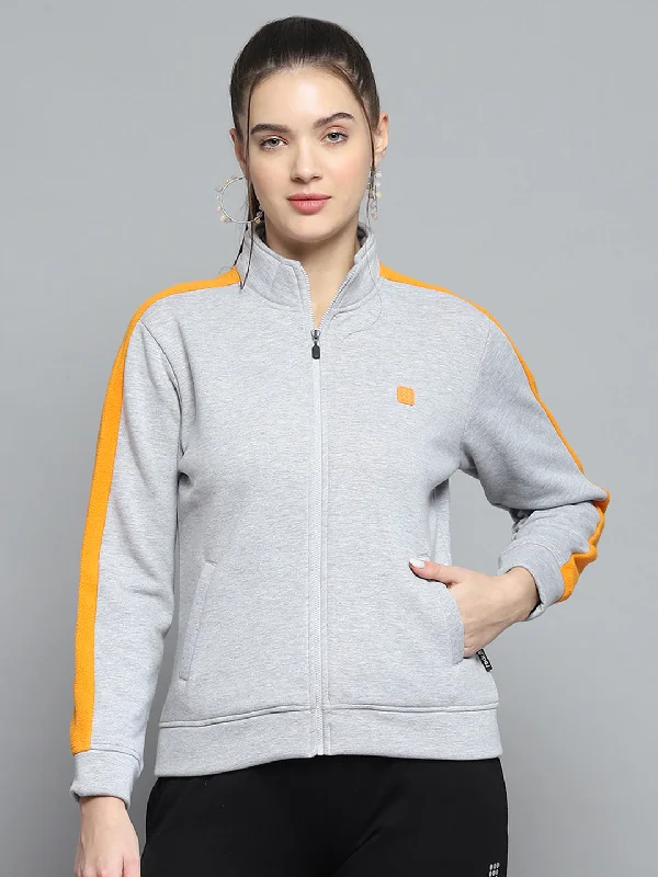 Women Grey Solid Mock Neck Full Sleeve Sweatshirt Hoodie with Full-Zip Functional Layering