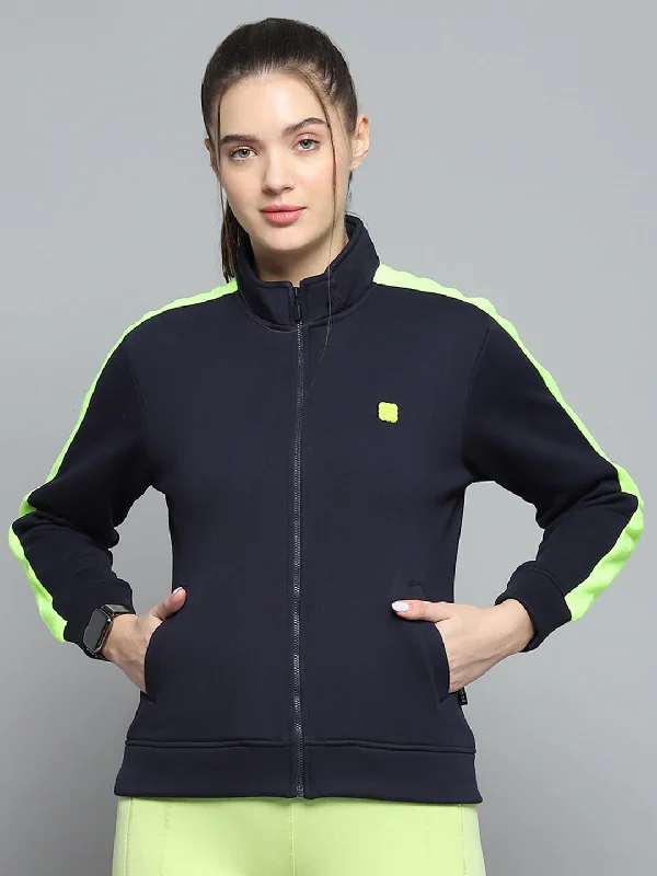 Women Navy Blue Solid Mock Neck Full Sleeve Sweatshirt Hoodie with Hem Embroidery Detailed Premium