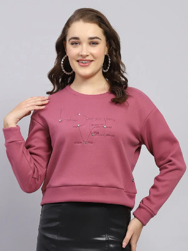 Women Pink Embroidered Round Neck Full Sleeve Sweatshirt Hoodie with Toggle Buttons Decorative Unique