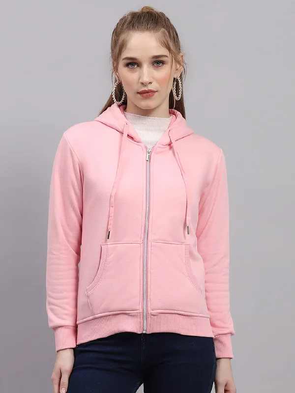 Women Pink Solid Hooded Full Sleeve Sweatshirt Hoodie with Typography Text Message