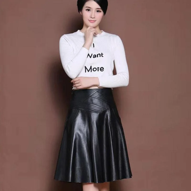 Women PU Leather Skirt Black High Waist  Pleated Skirt Slim Mid-length Plus Size A-line Skirt Autumn Winter cashmere skirt fine