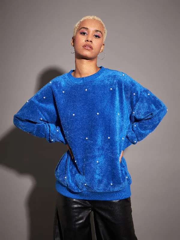 Women Royal Blue Fur Pearl Sweatshirt Hoodie with Embroidery Detailed Premium
