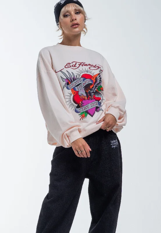Womens Brave Heart Graphic Relaxed Crew Neck Sweatshirt - Pink Hoodie with Hem Detail Decorative Unique