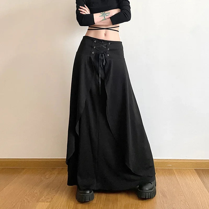Women's High Waist Layered Ruffle Maxi Cake Elegant Party Wedding Guest Y2K Solid Vintage Black A Line Skirt lace skirt intricate