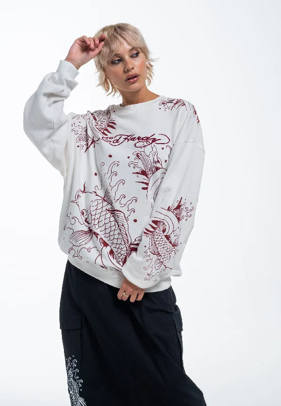 Womens Koi River Relaxed Crew Neck Sweatshirt - White Hoodie with Hem Patch Decorative Personalized