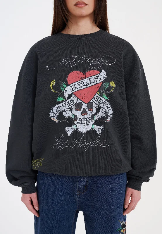 Womens Love Kill Slowly Crew Neck Sweatshirt - Black Hoodie with Ribbed Neckline Snug Warm