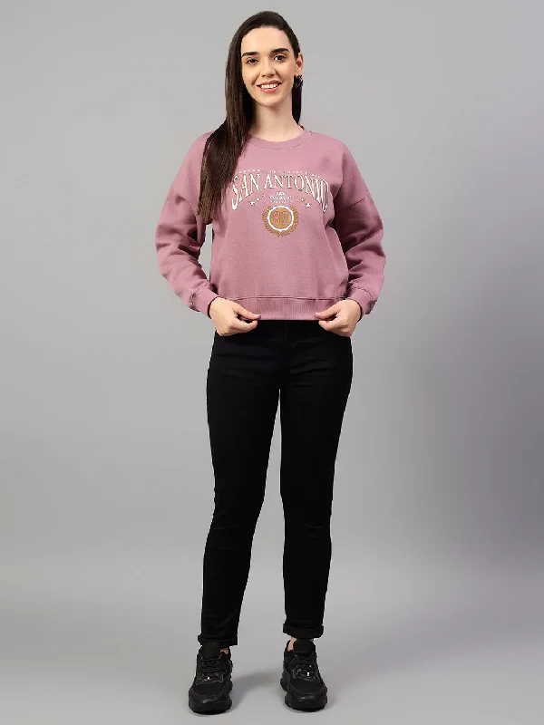 Women's Mauve Printed Round Neck Crop Sweatshirt Hoodie with Toggle Buttons Decorative Unique Women's Mauve Printed Round Neck Crop Sweatshirt Hoodie with Toggle Buttons Decorative Unique