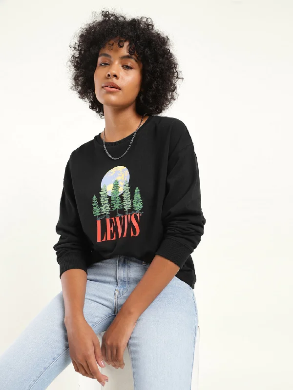 Women's Solid Black Crew Neck Sweatshirt Hoodie with Puffed Sleeves Voluminous Trendy