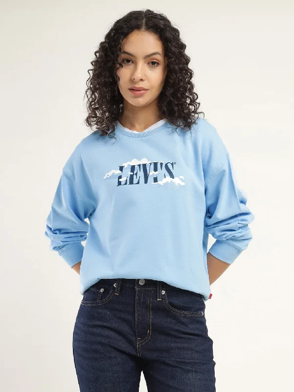 Women's Solid Blue Crew Neck Sweatshirt Hoodie with Batwing Sleeves Loose Dramatic