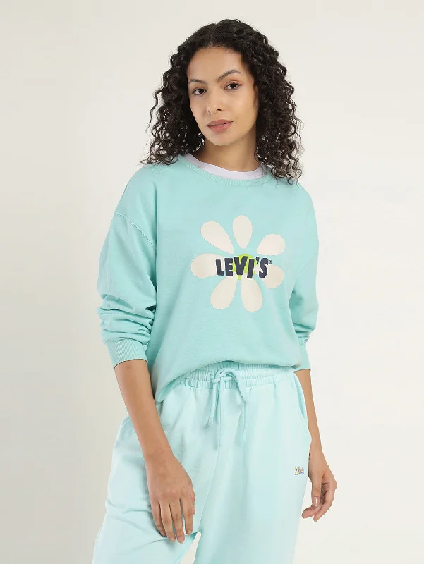 Women's Solid Light Blue Crew Neck Sweatshirt Hoodie with Hem Patch Decorative Personalized Women's Solid Light Blue Crew Neck Sweatshirt Hoodie with Hem Patch Decorative Personalized